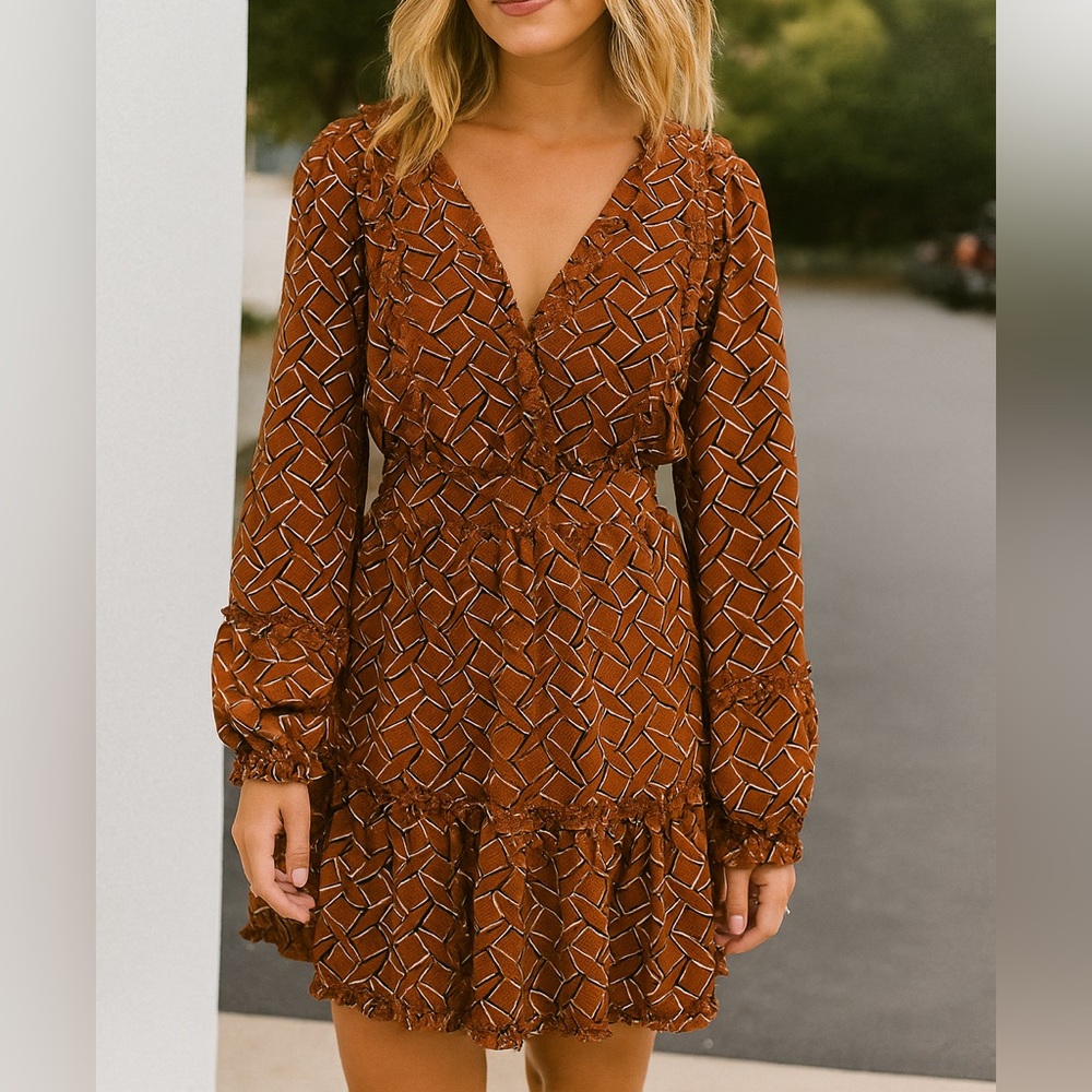 PrettyLittleThing Chestnut V-Neck Long Sleeve Feminine Ruffle Trim Mini Dress